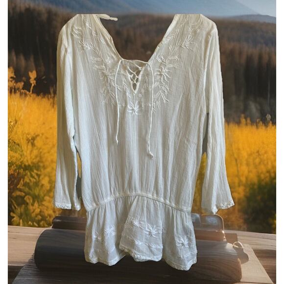 LRL Lauren Jeans Embroidered Sheer Blouse Fairy Bridal Coverup Tunic Peasant Med - Picture 2 of 9
